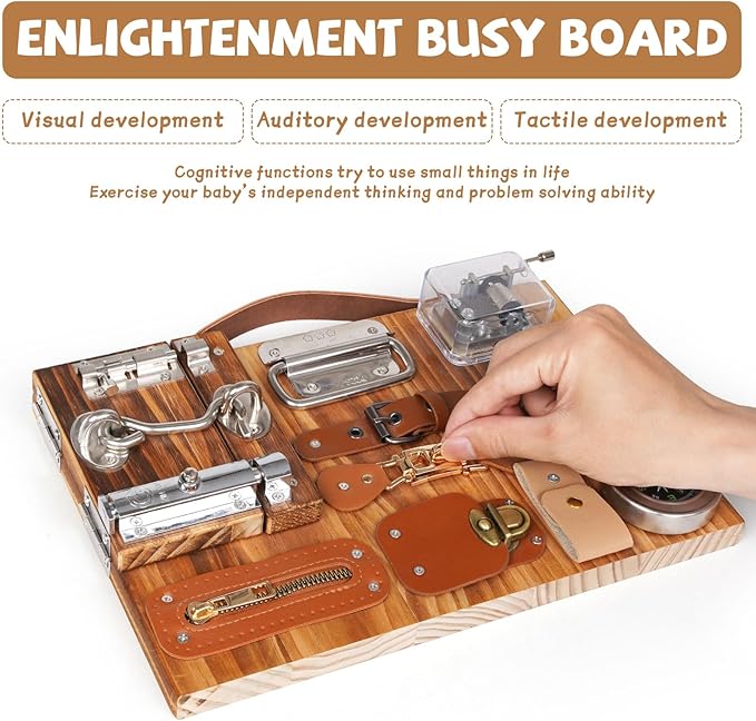 Montessori Busy Board for Toddlers Wooden Sensory Montessori Toys,Travel Toy Fidget Board Learning Activity Board for Fine Motor Skills Boys & Girls, Educational Learning Toy with Locks,Latches