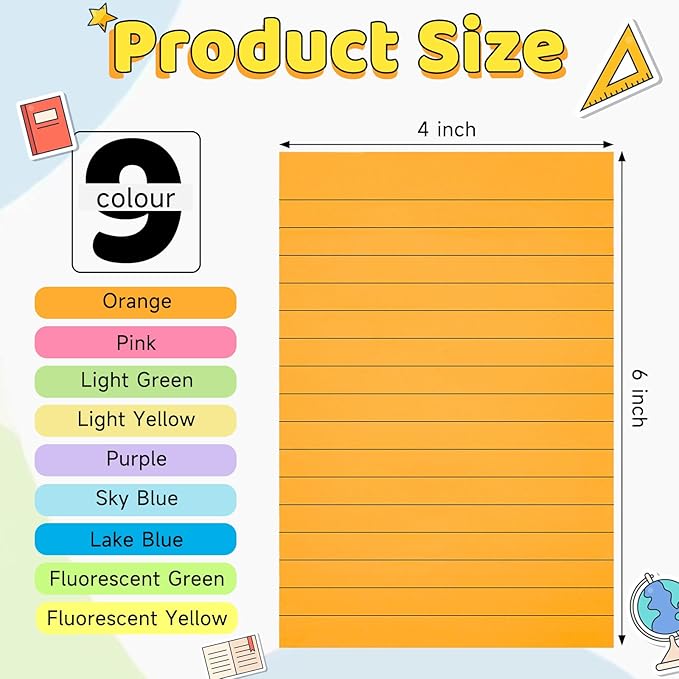 9 Pack Lined Sticky Notes 4x6 in Post, 9 Bright Colors Sticky Notes with Lines, Self-Stick Note Pads, Large Ruled Memo Pads for Office Home School Supplies, 40 Sheets/Pad