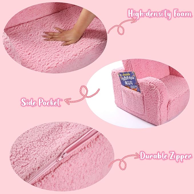 Kids Chairs for Toddler, 2-in-1 Toddler Soft Sherpa Couch Fold Out, Convertible Sofa to Lounger for Girls and Boys, Pink