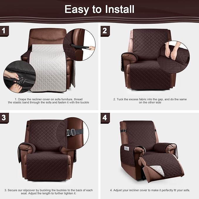 KinCam 100% Waterproof Recliner Chair Cover, Reclining Couch Covers for Pets, Dogs, Recliner Couch Slipcover Furniture Protector with Elastic Straps for Kids(28", Coffee)