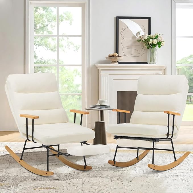 Rocking Chair with Footrest-Glider Rocker Chair with Retractable Footrest and Adjustable Backrest, Teddy Upholstered Rocking Chair Set of 2, Accent Chair for Living Room/Nursery/Bedroom/Outdoor-Beige