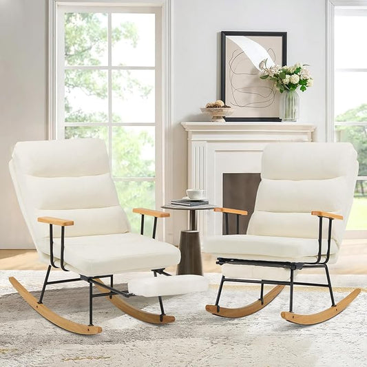 Rocking Chair with Footrest-Glider Rocker Chair with Retractable Footrest and Adjustable Backrest, Teddy Upholstered Rocking Chair Set of 2, Accent Chair for Living Room/Nursery/Bedroom/Outdoor-Beige