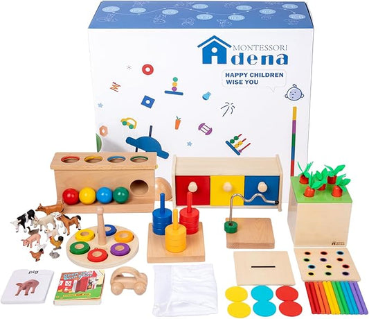 Adena Montessori Play Kit for 13-15 Month Baby,10 in 1 Wooden Learning Educational Toys for Toddler,Include Color Pegs&Rings,Object Permanence Ball Push and More,Christmas Birthday Gift for Boys Girl