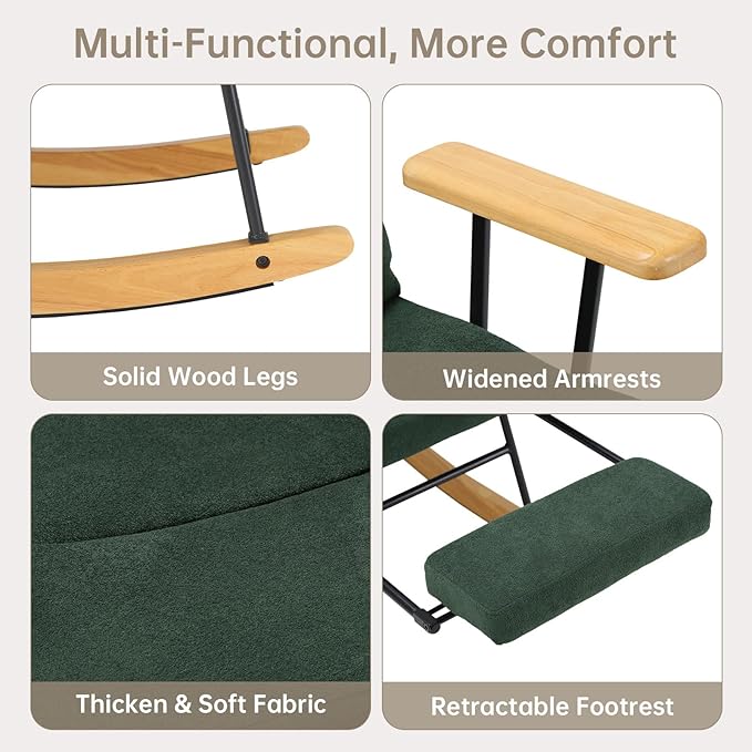 Rocking Chair with Footrest-Glider Rocker Chair with Retractable Footrest and Adjustable Backrest, Teddy Upholstered Rocking Chair Set of 2, Accent Chair for Living Room/Nursery/Bedroom/Outdoor-Green