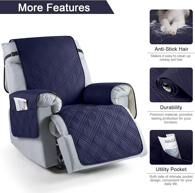 TAOCOCO 100% Waterproof Recliner Chair Cover, Non Slip Recliner Covers for Recliner Chair with Pocket, Washable Reclining Chair Cover Furniture Protector for Kids, Pets(Recliner Chair, Navy Blue)