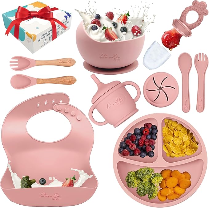 Silicone Baby Feeding Set - BPA-Free - Baby Led Weaning Supplies, Complete Kit toddler eating essentials – Empower Your Little One's Independence with LimOr's baby essentials 6-12 months (Pink)