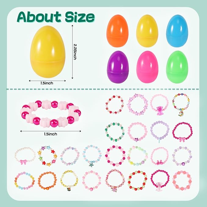 24 PCS Easter Eggs Prefilled with Bracelets, Easter Kids Basket Stuffer, Pre Plastic Easter Eggs Stuffers Easter Toys for Easter Eggs Hunt Game, Girls Easter Party Favor, Classroom Prize Supplies