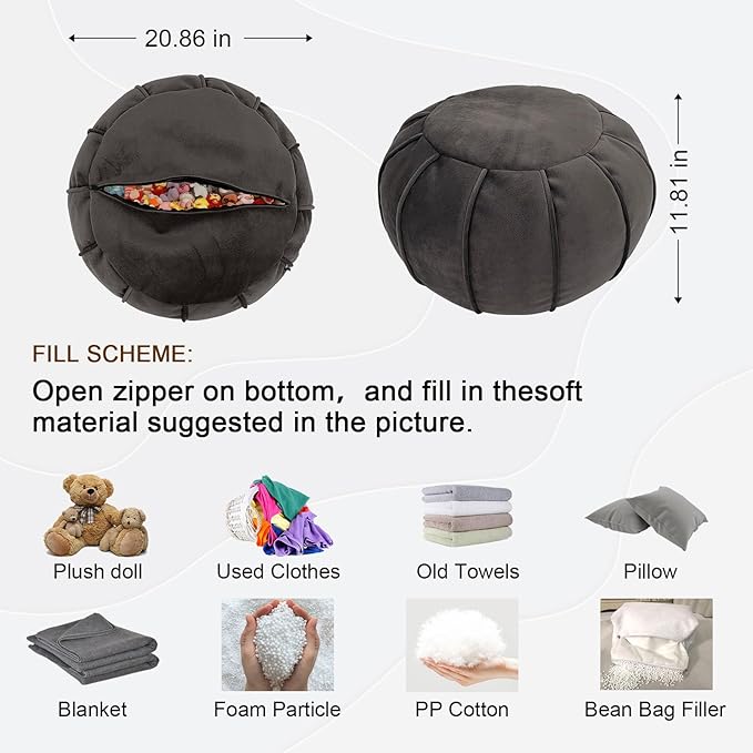 Louis Donné Unstuffed Ottoman Pouf Cover, Eco-Friendly Fabric Pouf Ottoman Floor Chair with Storage Solution for Bedroom, Round Foot Stools for Seating Poufs for Living Room Camper（Dark Brown）