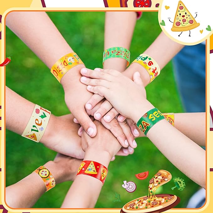48 Pcs Pizza Slap Bracelets Bulk Party Favors Plastic Colorful Cute Snap Bracelets for Kids Goodie Bag Stuffers Party Supplies Classroom Rewards Prizes Birthday Exchanging Gift, 12 Styles