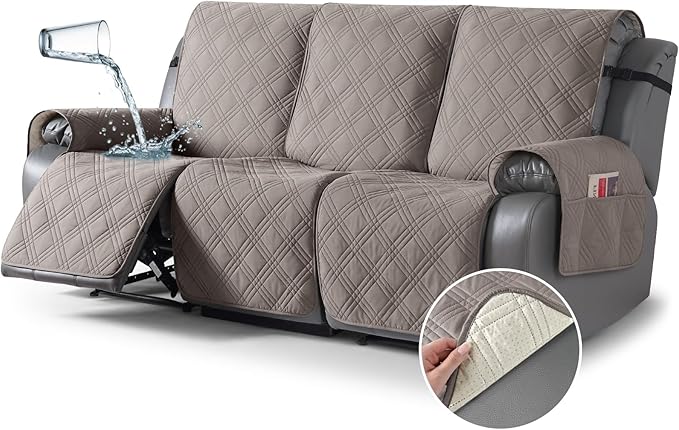 TAOCOCO Waterproof Recliner Sofa Cover, Non Slip Split Recliner Couch Cover with Elastic Straps Pocket, Washable Reclining Sofa Cover Furniture Protector for Kids, Dogs, Pets(3 Seater, Light Brown)
