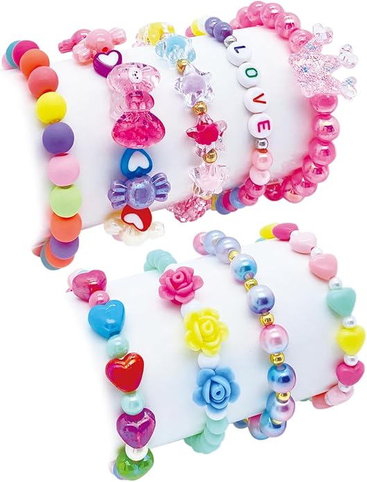9 PCS Cute Kids Bracelets for Girls Pink LOVE Beaded Bracelets Little Girls Costume Jewelry Princess Party Favors Pretend Play Birthday Easter Christmas Valentines Toddler Jewelry