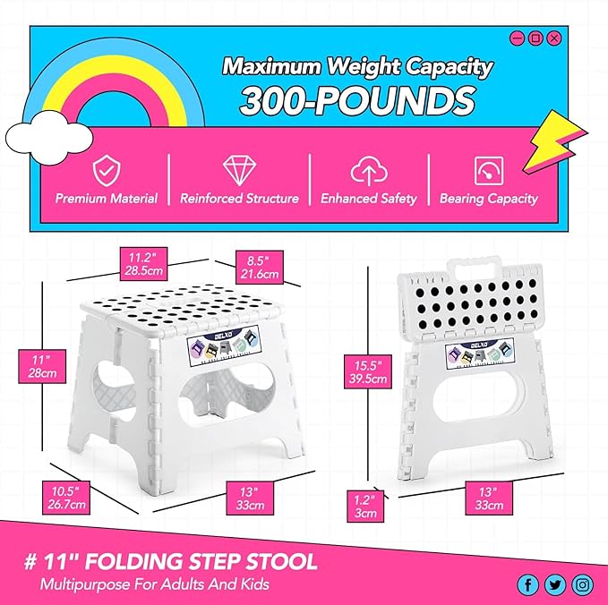 Delxo Folding Step Stool,11 Inch Foldable Step Stools for Kids & Adults,Portable Collapsible Step Stool with Handle, Lightweight Plastic Folding Stool for Kitchen Bathroom,Bedroom (White 12 Packs)
