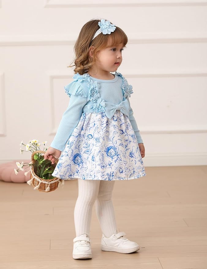 Baby Girl Dress Fall Flower Ruffle with Lace Headband Toddler Girls 3M-3T Infant Dresses Winter Baby Girl Clothes