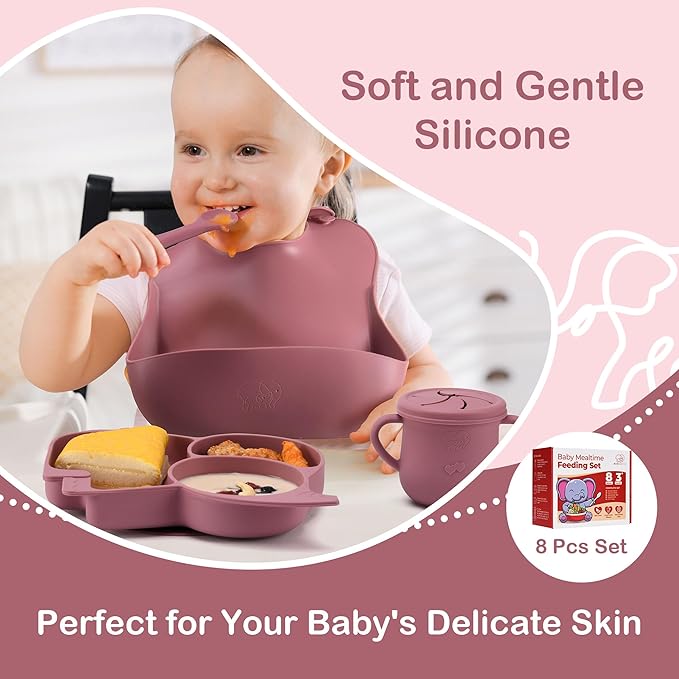 Complete Silicone Baby Feeding Set - 6+ Months Food Grade Baby Feeding Essentials | Silicone Bibs, Baby Bowls and Plates, 3 in 1 Baby Sippy Cup, Spoons and Fork Set | Free of BPA/PVC/Lead/Phthalate
