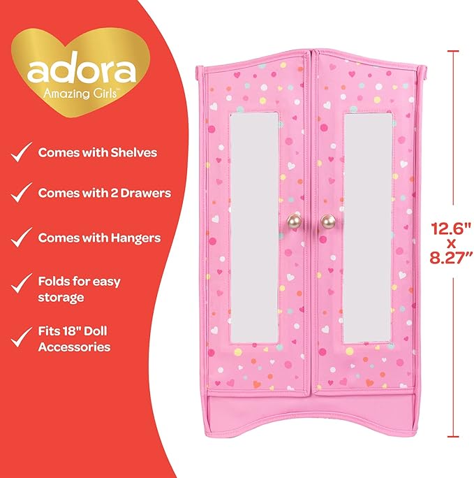Adora Premium Quality Doll Closet, Pink Doll Wardrobe with Six Shelves, Large Drawer and Mirrored Door, Fits Most Dolls Up to 18 ", Birthday Gift for Ages 6+