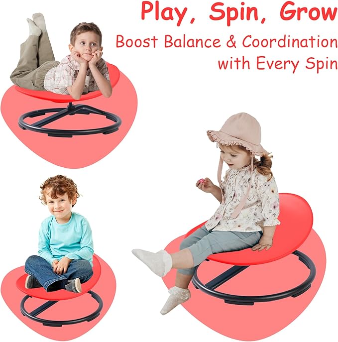 Kids Sensory Swivel Chair - Round Spinning Chair Seat for Balance, Coordination - Sensory Therapy Stool for Kids with Autism & ADHD - Active Indoor Play Chair for Home & Classroom (Red)