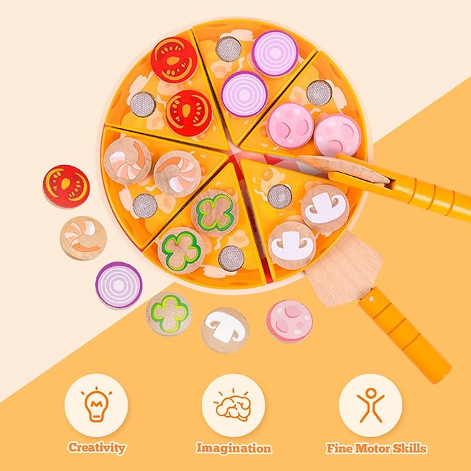 Wooden Pizza Toy for Kids, Toddler Play Food Pizza Cutting Set, Pretend Play Food with Toppings Cutter and Spatula Kitchen Accessories Montessori Toys Gifts for Boys Girls Ages 3 4 5 6 Years Old