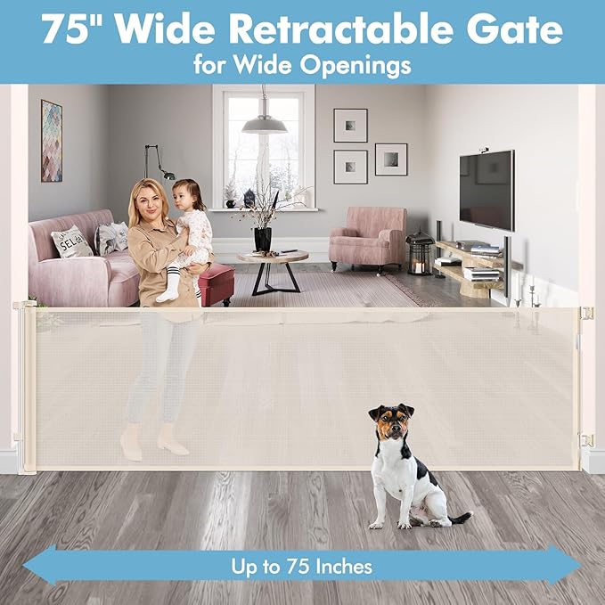 75 Inch Wide Retractable Baby Gate Retractable Dog Gate Indoor/Outdoor Retractable Gate, Long Baby Gate Wide Dog Gates for The House, Mesh Baby Gate Retractable Child Gates for Doorways/Stairs, Beige
