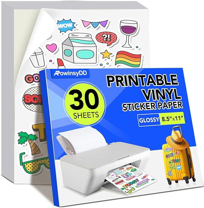 30 PCS Printable Vinyl Sticker Paper for inkjet printer & Laser Printer,Standard Letter Size 8.5"x11",Waterproof Sticker Paper Dries Quickly Vivid Colors,Matte White