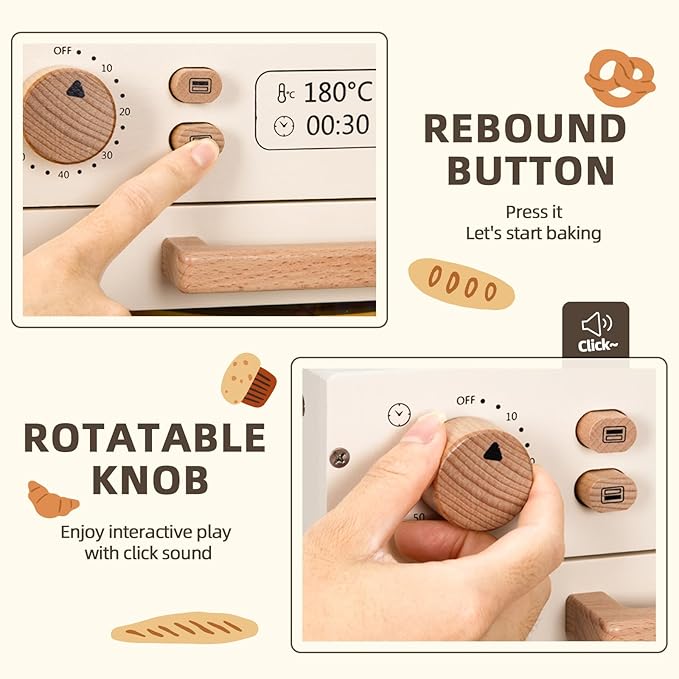 Wooden Kids Oven, Pretend Play Oven for Toddlers with DIY Stickers, Kitchen Play Set Accessories with Push-Pull Baking Tray. Ideal Choice for Boys and Girls Aged 3+
