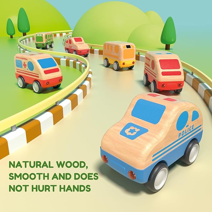 3pcs Wooden Toys Cars, Ambulance, Police Car and School Bus Educational Toy, Early Learning for Toddlers, Colorful Vehicles Play Set for 2 3 Year Old Boys Girls Christmas Birthday Gift
