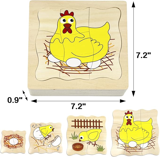 Montessori Wooden Puzzles for Kids Ages 4-8, 4 Layer Life Cycle Jigsaw Puzzle for Toddlers, Children Preschool Learning Educational Puzzles Toys for Boys and Girls (Chicken)