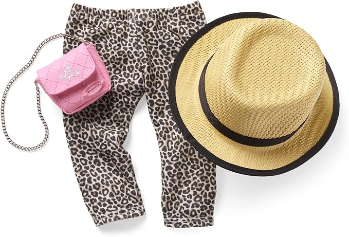 American Girl Truly Me 18-inch Doll Accessories Leopard-Print Pants, Pink Pants, and Straw Hat with Ribbon, For Ages 6+