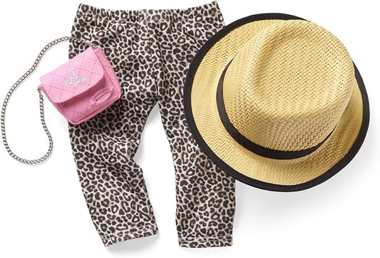 American Girl Truly Me 18-inch Doll Accessories Leopard-Print Pants, Pink Pants, and Straw Hat with Ribbon, For Ages 6+