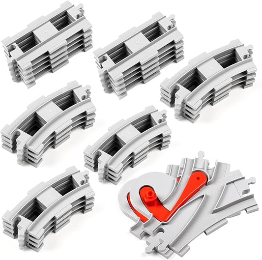 32 Pieces Train Tracks, Classic Railway Track with 20 Curved Tracks, 10 Straight Tracks and 2 Switches Tracks - Compatible with All Major Brands, Toy Track Accessory for Kid, Light Grey