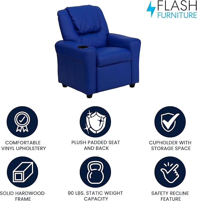 Flash Furniture Vana Vinyl Kids Recliner with Cup Holder, Headrest, and Safety Recline, Contemporary Reclining Chair for Kids, Supports up to 90 lbs., Blue