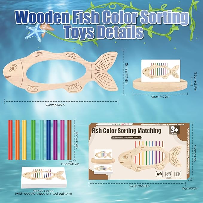 Color Sorting Toys for 3+ Years Old Kids Wooden Fish Shape Montessori Toys Stacking Matching Game Fine Motor Skills for 3 4 5 Toddlers Boys Girls Gift Educational Travel Learning Sensory Color Sorters
