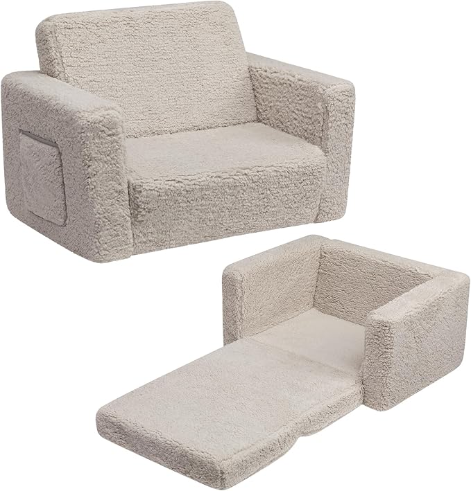 ALIMORDEN 2-in-1 Flip Out Cuddly Sherpa Toddler Couch, Convertible Sofa to Lounger, Light Grey