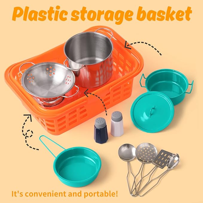 Kids Play Kitchen Toy Accessories Set Toddler Cooking Playset Colorful Stainless Steel Pots and Pans Birthday Gifts for 3+ Girls Boys (Green)