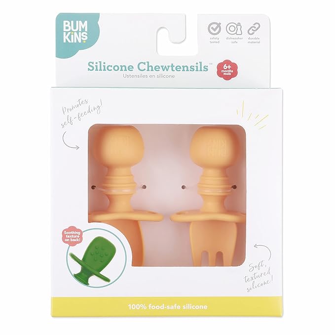 Bumkins Baby Utensils Set, Chewtensils Silicone Spoons for Dipping, Self-Feeding, Baby Led Weaning, Trainer Learning, First Stage Eating, Soft Practice Fork and Spoon, Babies 6 Months, Tangerine