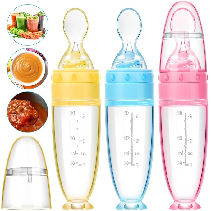 Tondiamo 3 Pieces Baby Food Feeder 3oz Silicone Baby Food Spoon Dispenser with Standing Base for Infant Dispensing and Feeding