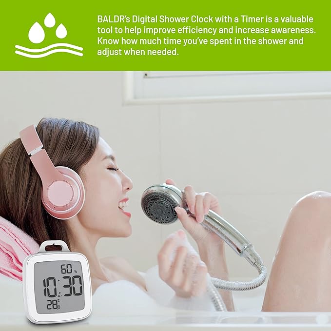 BALDR Digital Bathroom Clock with Timer - Waterproof Shower Clock with Time and Temperature - Waterproof Shower Timer for Kids and Adults - Bathroom Timer, Digital Shower Clocks for Bathroom