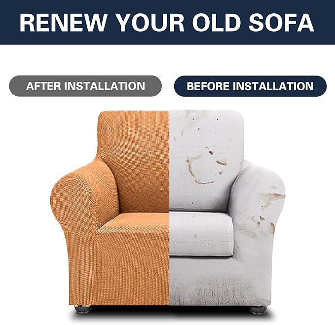 2025 New Stretch Chair Sofa Slipcovers Couch Cover for 1 Seater Furniture Protector Sofa Covers with Elastic Bottom Jacquard Fabric Small Checks for Pets, Kids - Golden