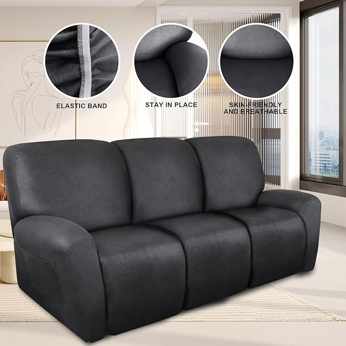 Recliner Couch Cover Leather Look Recliner Sofa Covers for 3 Cushion Reclining Sofa Slipcovers 8-Pieces Furniture Protector Spandex Fabric Washable (3 Seater, 01 Dark Gray)