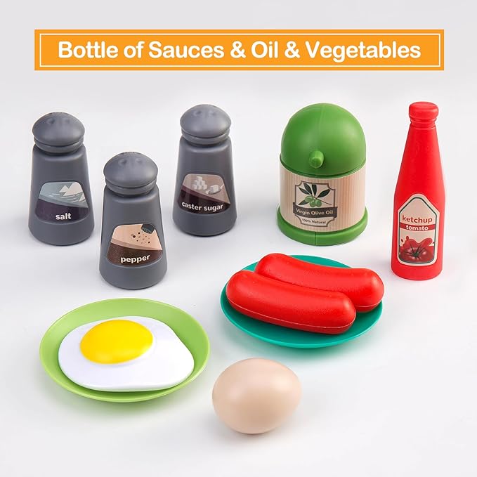 35Pcs Kids Kitchen Toy Accessories, Toddler Pretend Cooking Playset with Play Pots and Pans, Utensils Cookware Toys, Play Food Set, Toy Vegetables, Learning Gift for Girls Boys (Pink)