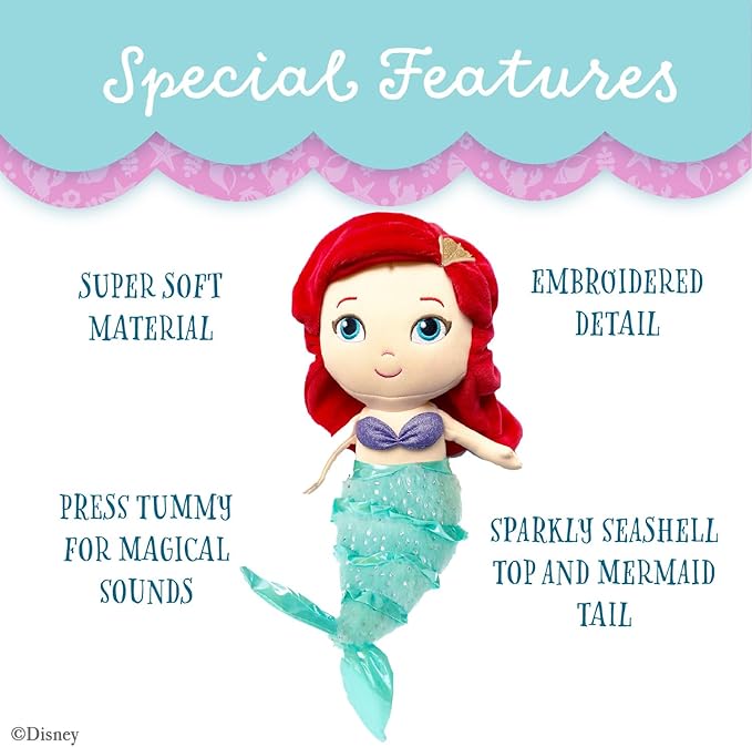 KIDS PREFERRED Disney Baby - Ariel 12" Plush Doll with Musical Sounds - The Little Mermaid Collectable Stuffed Animal for Babies, Toddlers and Kids