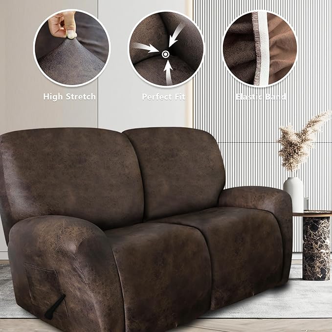 Leather Look Loveseat Recliner Covers Stay in Place 6-Piece Recliner Sofa Slipcover 2 Seater Reclining Couch Cover Furniture Protector Spandex Fabric Washable (Recliner Loveseat, Brown)