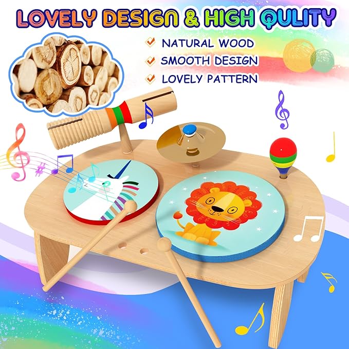 LOOIKOOS Kids Drum Set for Toddlers 1-3, All in One Montessori Musical Instruments -Wooden Percussion Educational Preschool Music Toys for Baby 12-18 Months
