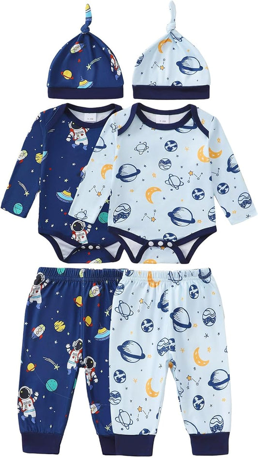 Newborn Baby Boy Clothes Infant Boys Outfits Romper 2-Pack Cute Baby Boy Pants Set Hat 0 3 6 9 12 18 Months