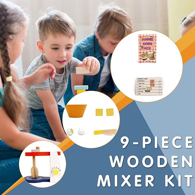 Leo & Friends Wooden Mixer Set - Make-A-Cake Kids Mixer Toy (9 Pcs) - Play Kitchen Accessories for Kids Ages 3 Years and Older - Perfect Birthdays Holidays
