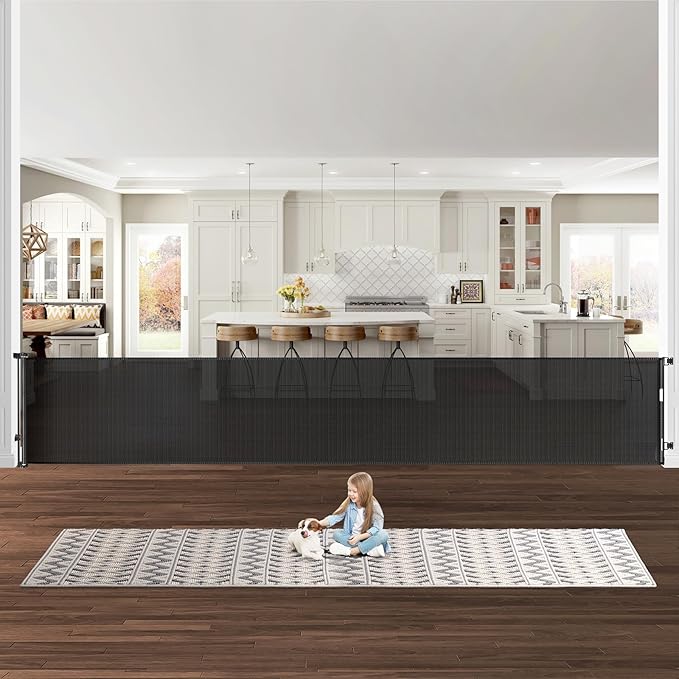 175 Inch Extra Wide Retractable Baby Gates for Large Openings, Extra Long Retractable Dog Gate for Doorways 33" Tall Mesh Pet Gate for Long Openings Extra Large Baby Gate for Indoor Outdoor (Black)