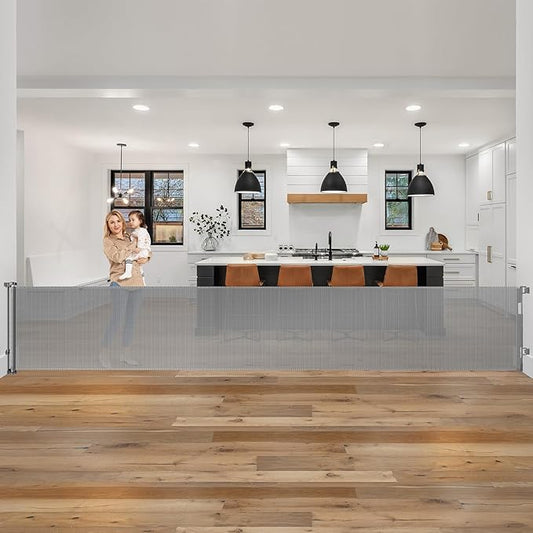 185 Inch Extra Wide Retractable Baby Gate Retractable Gate Outdoor Long Baby Gates Indoor Extra Long Dog Gate Extra Wide Baby Gates for Large Openings, Mesh Baby Gate Retractable Gates for Dogs, Gray