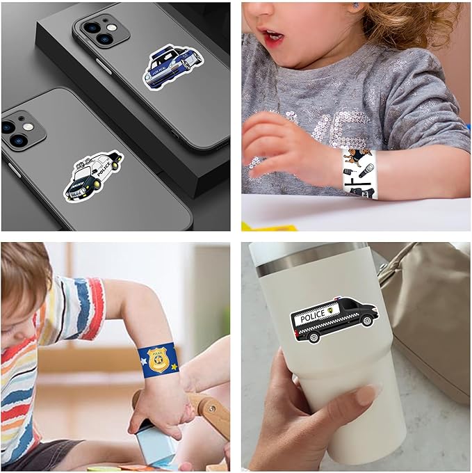 74PCS Police Party Favors 24PCS Police Officer Slap Bracelets 50PCS Police Stickers Police Cars Stickers for Police Party Decorations Kids Gifts Classroom Rewards Prizes Carnival Christmas
