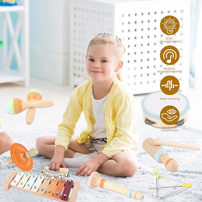 Musical Instruments for Toddlers - Eco-Friendly Wooden Percussion Set with Xylophone, Tambourine, and Maracas in Neutral Colors - Montessori Toys for Perfect Educational Gift for Kids
