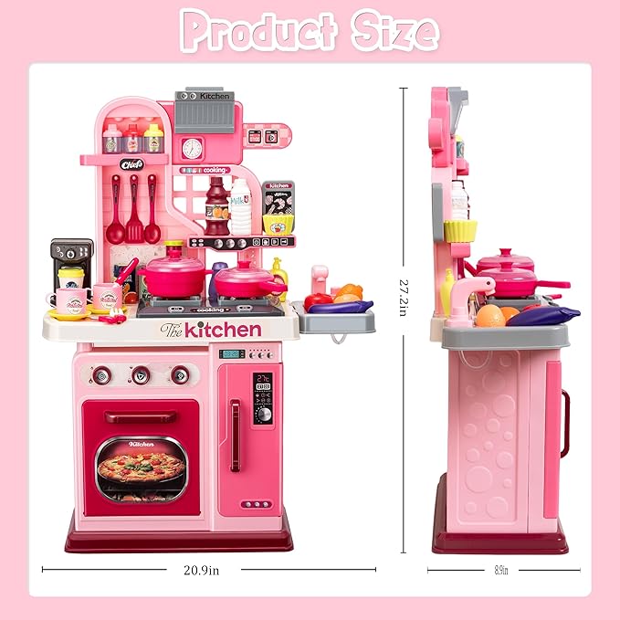 Kids Kitchen Playset-53pcs Cooking Stove,Paly Sink,Oven,Kitchen Toys with Realistic Lights&Sounds，Pretend Play Toys,Kitchen Toys for Toddlers 1 2 3 (Pink)