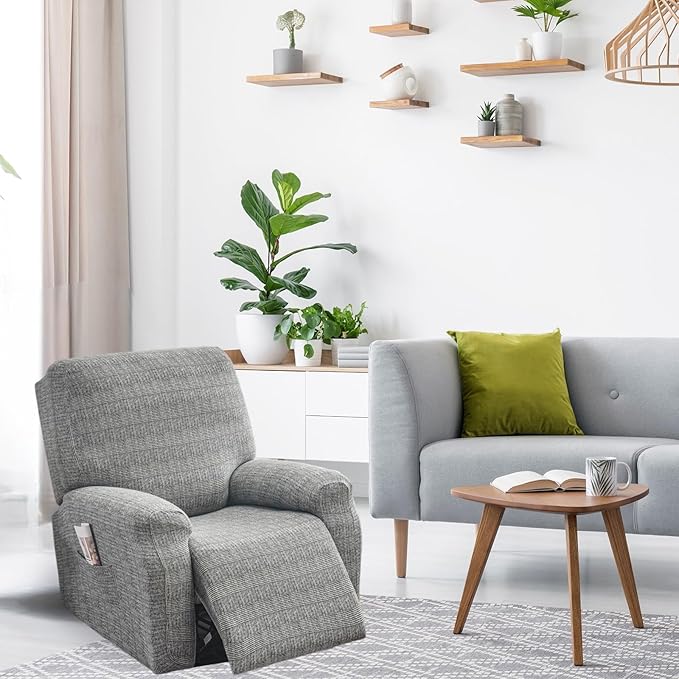 FUANGUI Recliner Chair Cover 4-Pieces Lazyboy Cover for Recliner Chair with Storage Pockets Furniture Protector for Living Room, Jacquard Sofa Slipcover for Kids, Pets, Dog and Cat, 02